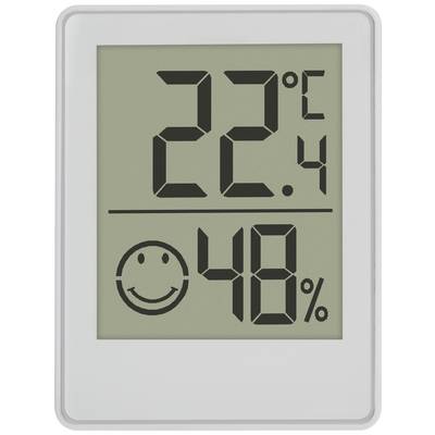 Digitální termo-hygrometr ukazuje 22,4°C a 48% relativní vlhkosti. Smajlík symbolizuje pohodlí.