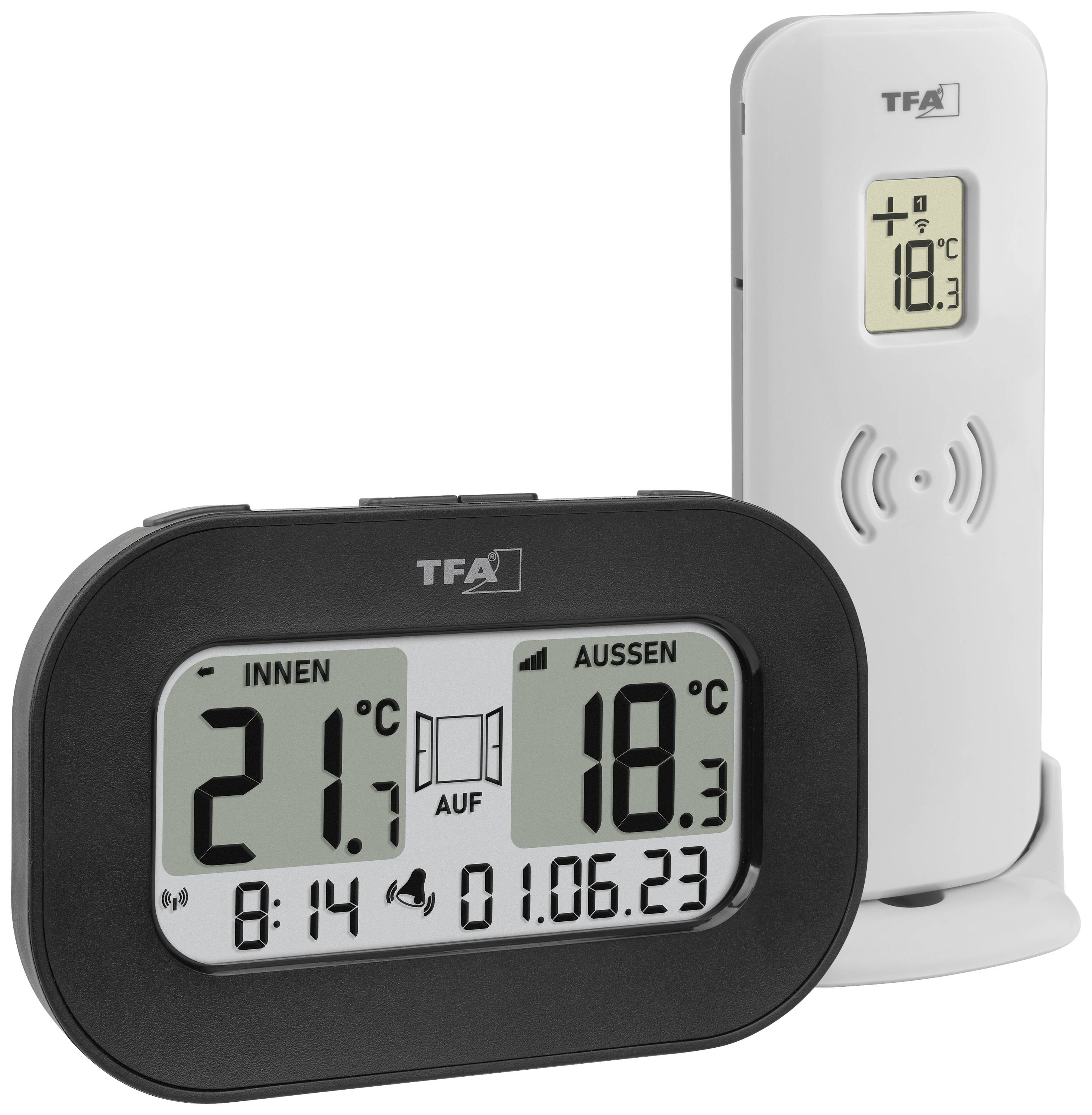 Digitální teploměr ukazuje vnitřní teplotu 21°C a venkovní teplotu 18°C. Datum 01.06.23, čas 8:14. Vlevo: venkovní senzor.
