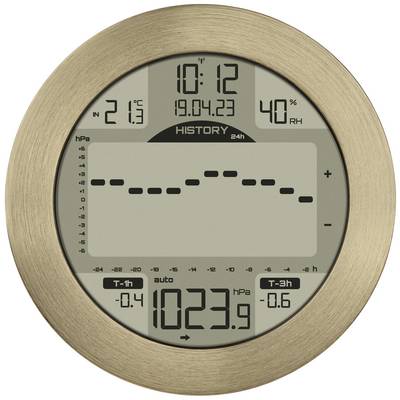 Digitální barometr s historickým diagramem atmosférického tlaku, zobrazuje aktuální tlak 1023,9 hPa, teplotu 21,3°C, vlhkost vzduchu 40%.