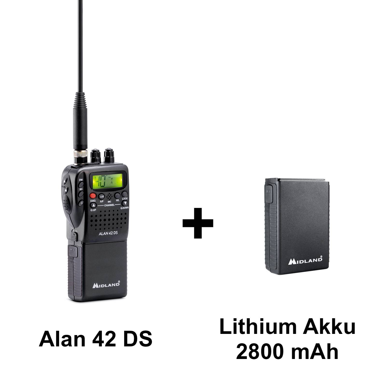 Praktická radiostanice CB 'Alan 42 DS' vedle lithiové baterie o kapacitě 2800 mAh. Zařízení zobrazuje stav nabití a informace o kanálu na displeji.