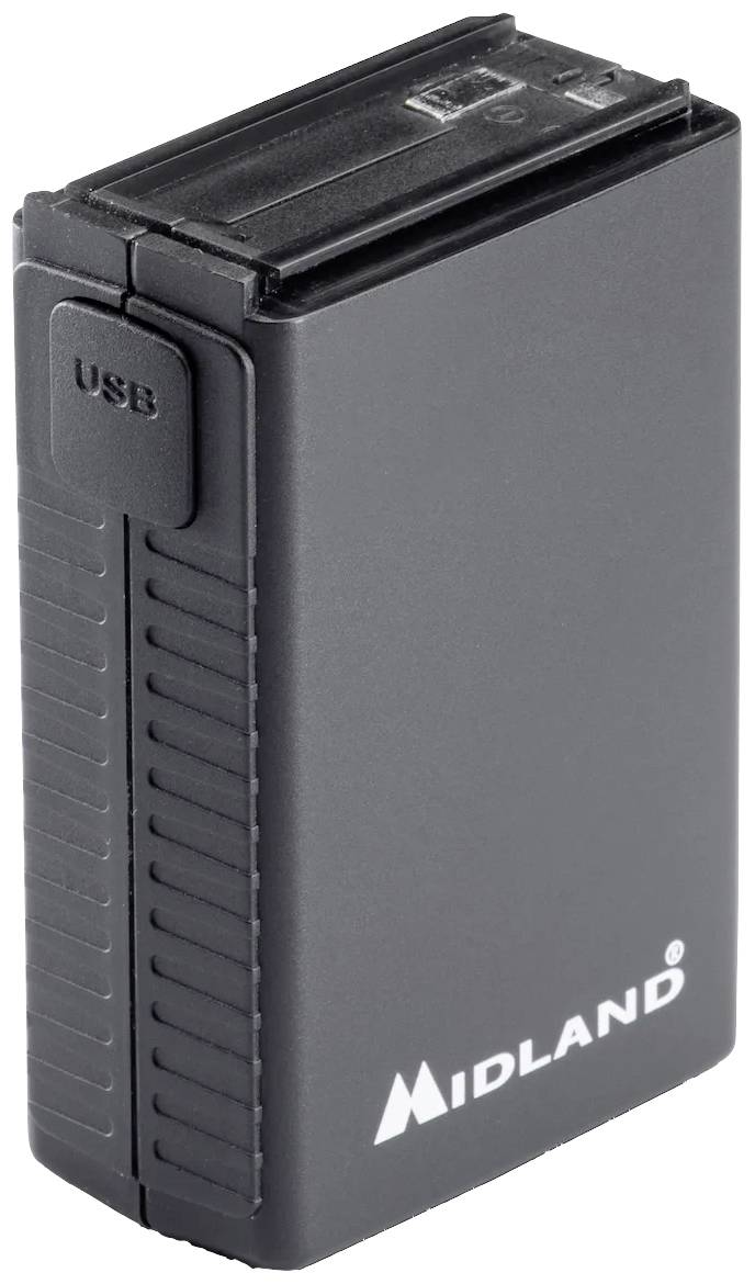 Černá powerbanka s USB portem a nápisem 'MIDLAND' v dolní části.