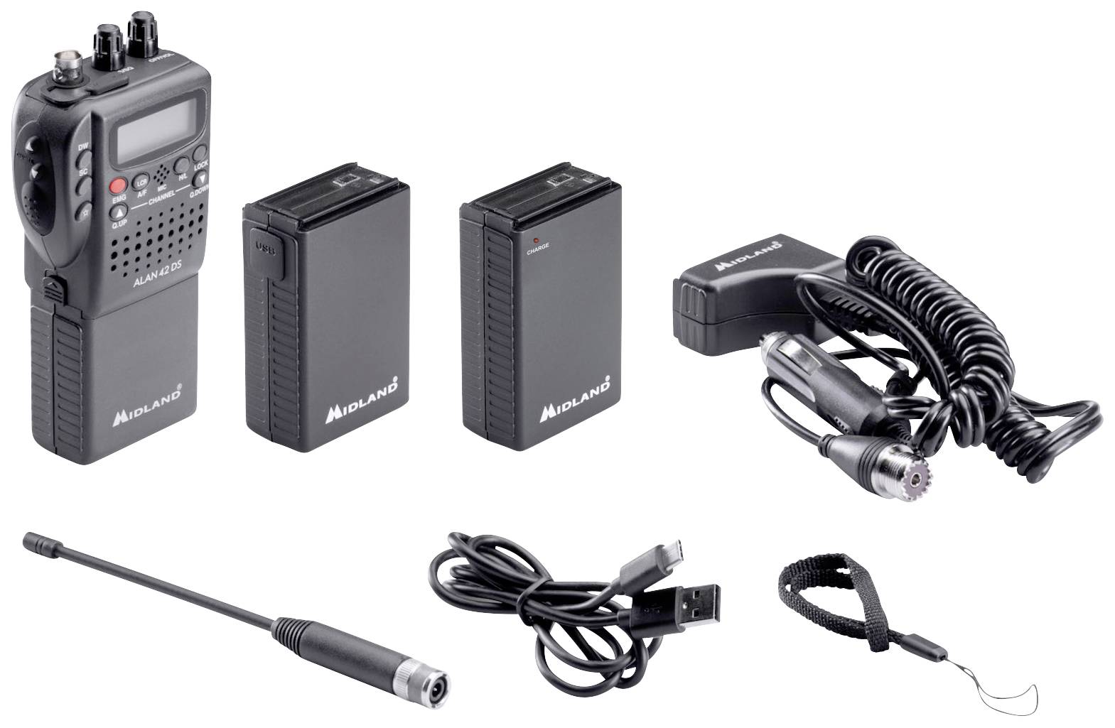 Sada vysílačky s několika příslušenstvími: dva akumulátory, mikrofon, anténa, USB kabel, klips na opasek. Viditelný název značky 'Midland'.