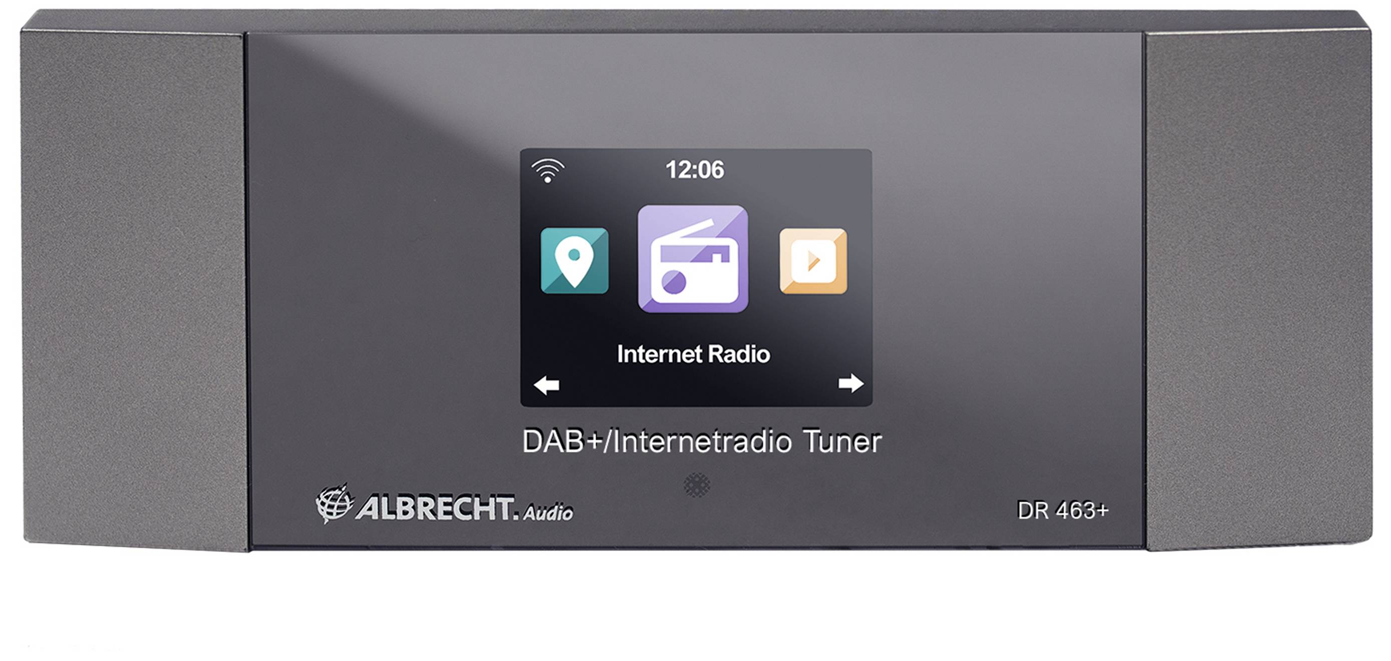 Rádio Albrecht DAB+/Internetový tuner s digitálním displejem, zobrazující symboly pro navigaci a hudební aplikaci. Čas: 12:06.