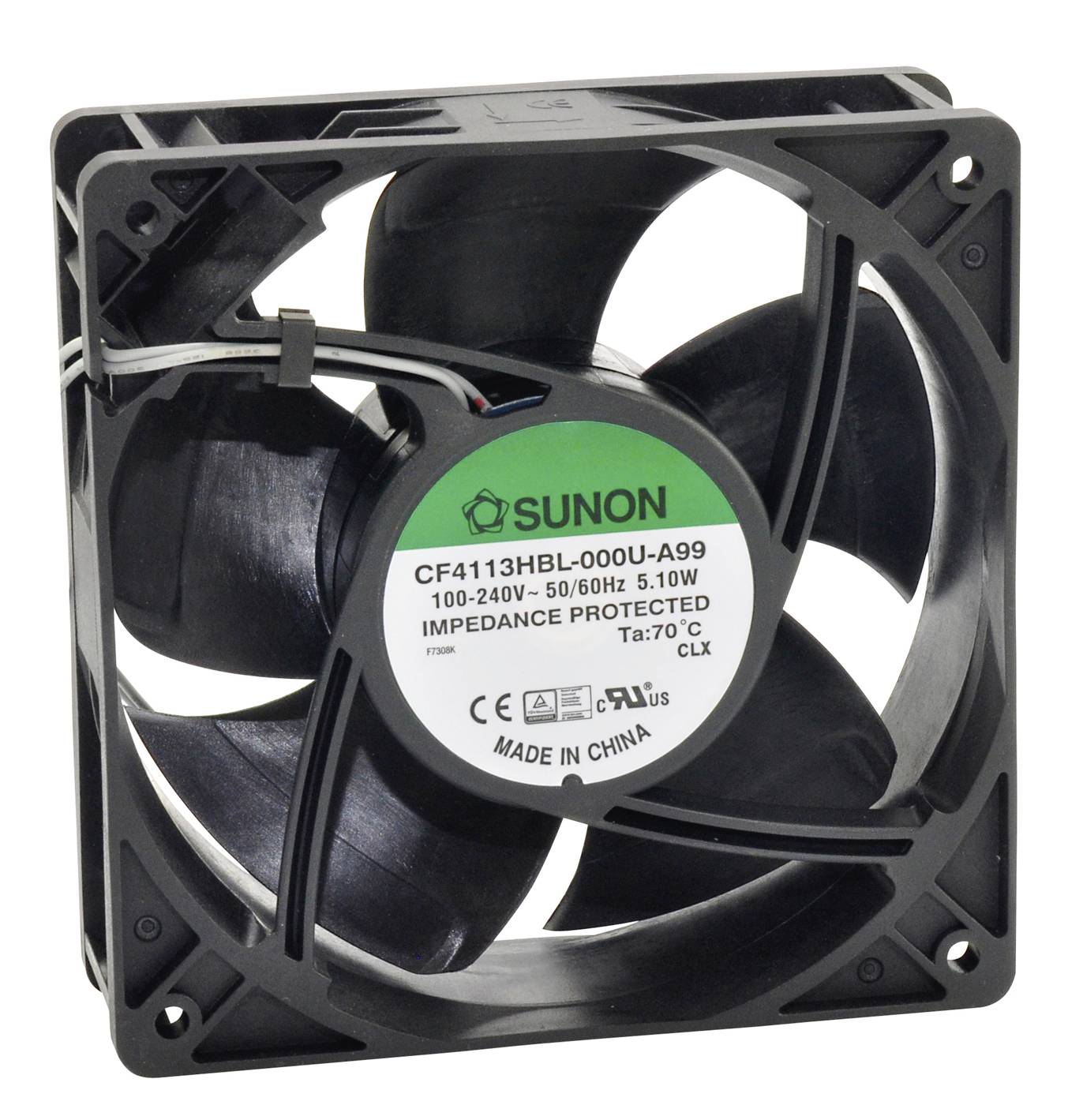Čtvercový černý ventilátor s nálepkou zobrazující údaje jako 'SUNON', napětí '100-240V' a příkon '5.1W'.