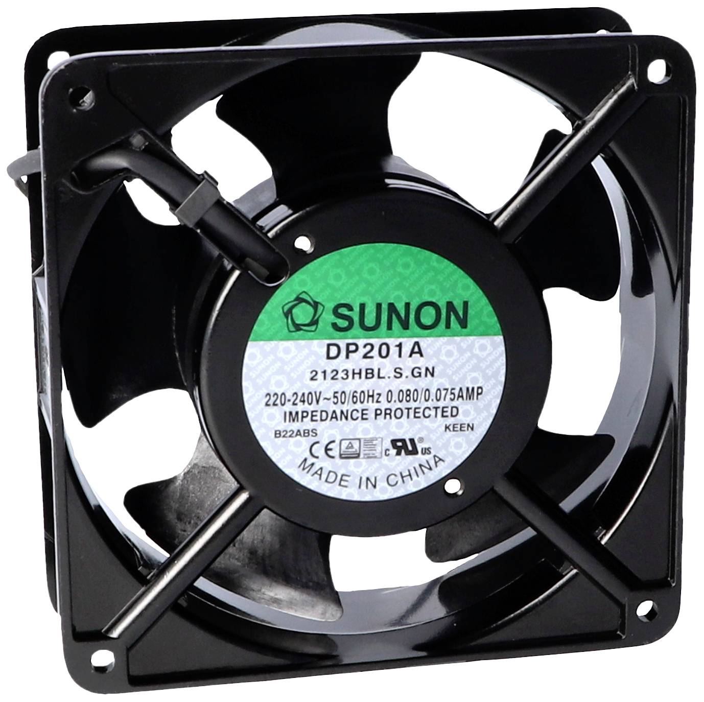 Černý ventilátor značky Sunon, model DP201A, s kulatými ochrannými mřížkami, vhodný pro napětí 220-240V a frekvenci 50/60 Hz.