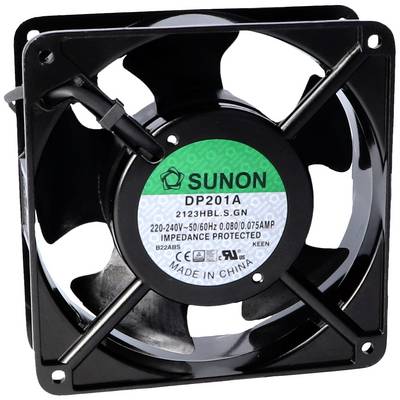Černý ventilátor značky Sunon, model DP201A, s kulatými ochrannými mřížkami, vhodný pro napětí 220-240V a frekvenci 50/60 Hz.