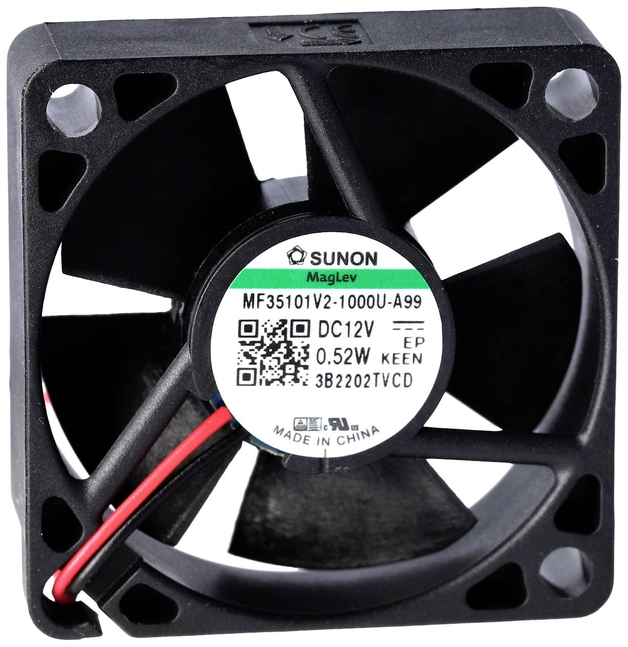 Malý černý ventilátor s nápisem 'SUNON MagLev', modelové číslo MF35101V2-1000U-A99. Vhodný pro 12V DC.