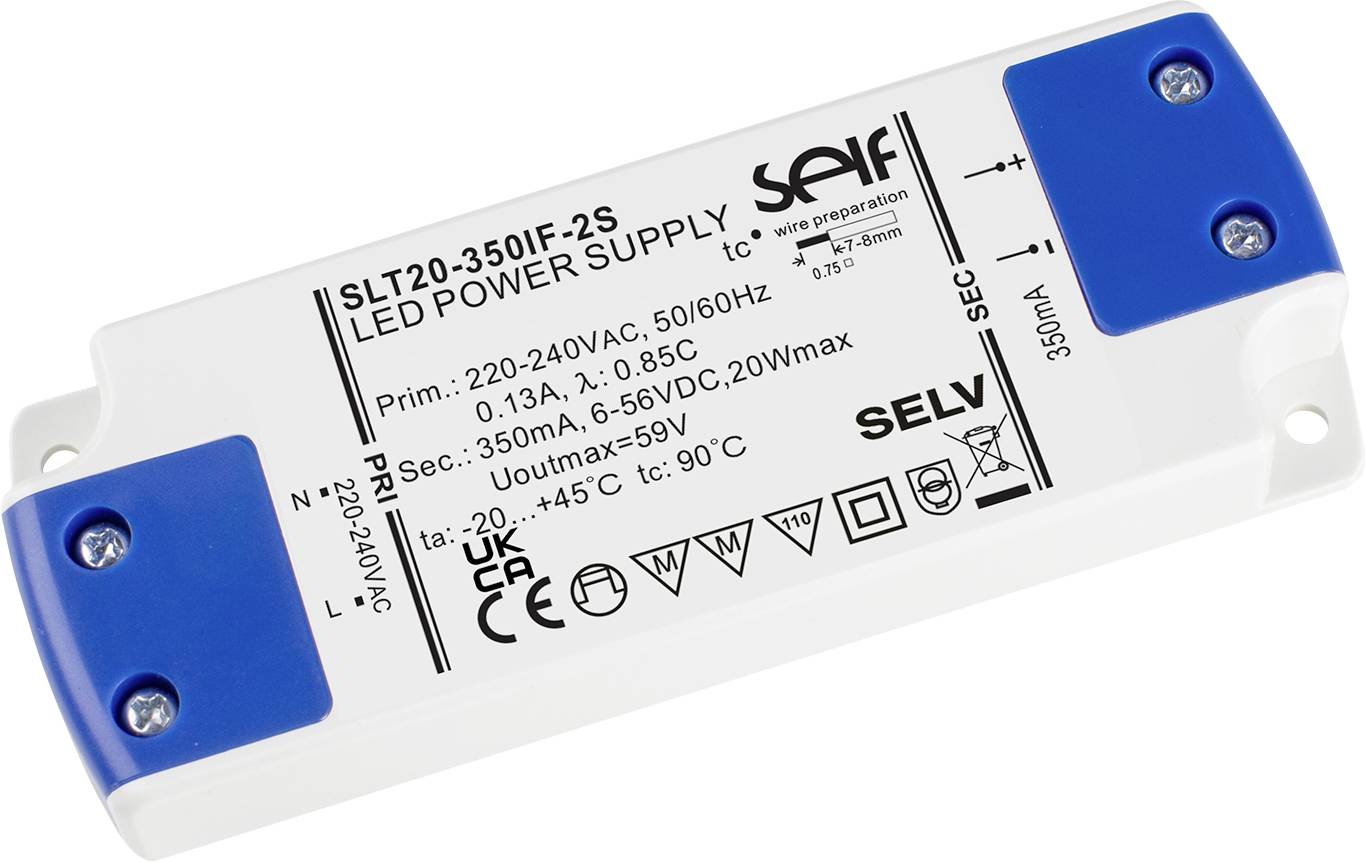 LED napájecí jednotka s technickými specifikacemi: Vstup 220-240V AC, Výstup 350mA, Maximální výstupní výkon 20W.