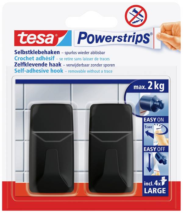 tesa Black Hooks L Lepicí háček PowerStrips, hranatý (š x v) 20 mm x 50 mm černá Množství: 2 ks