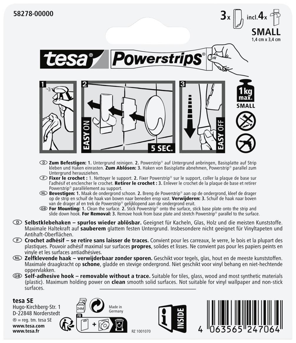 Návod k upevnění tesa Powerstrips: Zakrytí povrchu, připevnění Powerstripu, uchycení předmětu, kroky s obrázky. Maximální hmotnost 1 kg.