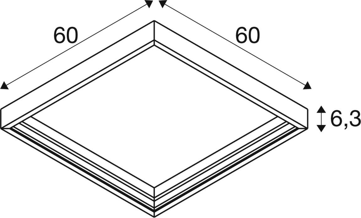 Obrázek čtvercového objektu o délce hrany 60 cm a výšce 6,3 cm, znázorněný perspektivně.