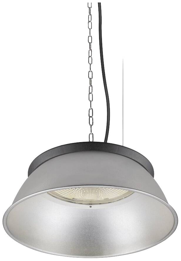 Stříbrná závěsná lampa na řetězu s černým kabelem.