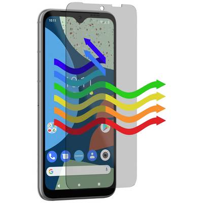 Smartphone s ochrannou fólií, na které barevné šipky přecházejí z modré do červené a znázorňují proudění vzduchu nebo teplotu.