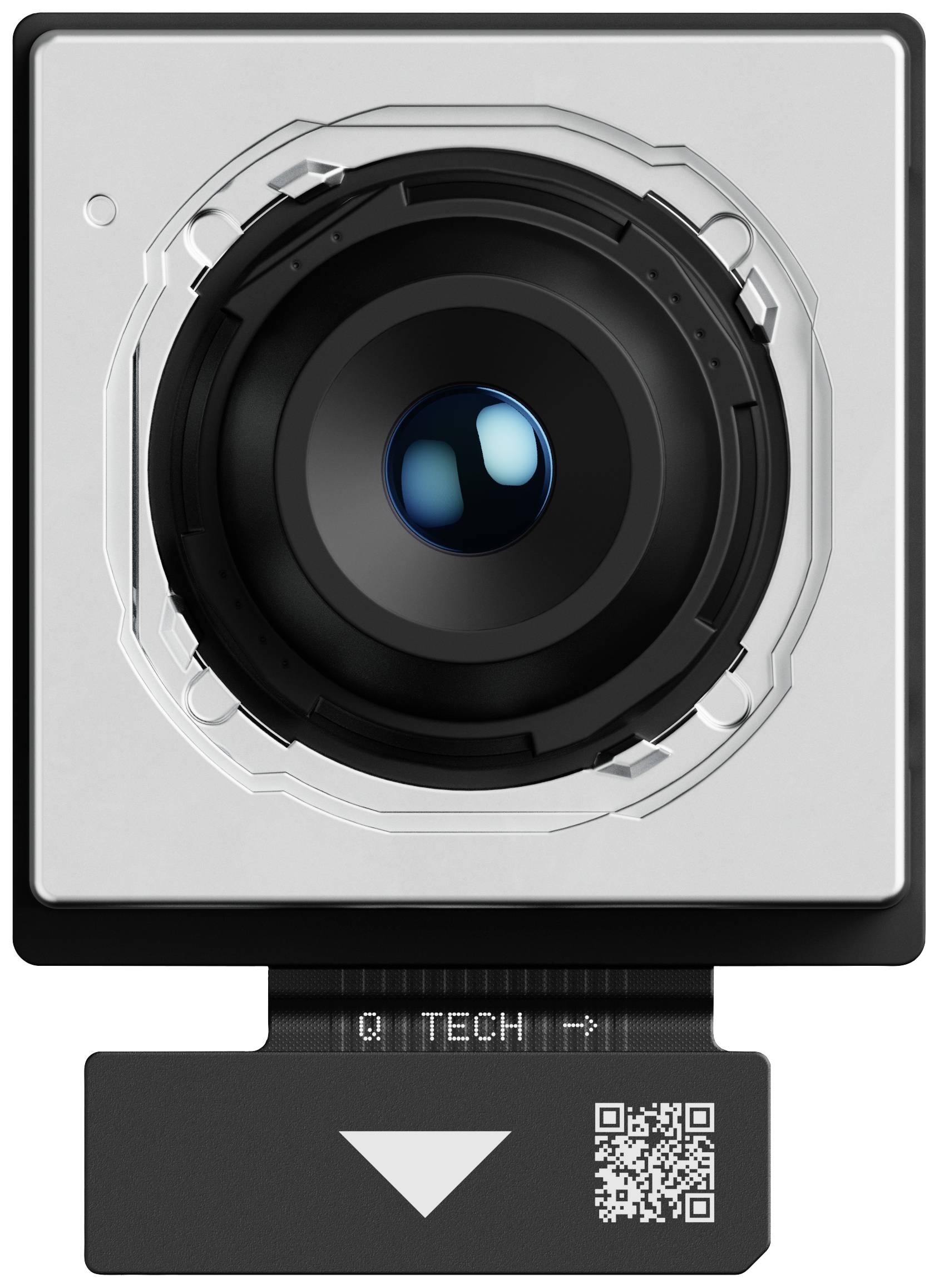 Modul fotoaparátu pro chytrý telefon s velkým objektivem a QR kódem. Zobrazuje čelní pohled fotoaparátu bez okolního vybavení.