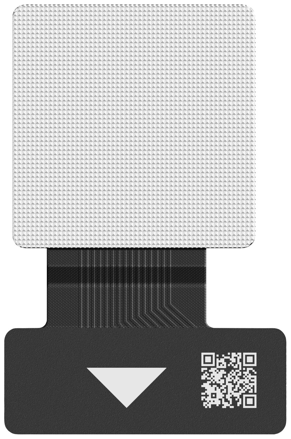 Čtvercový senzor s černým pruhem, bílou šipkou směřující dolů a QR kódem pod ní slouží k přenosu dat.