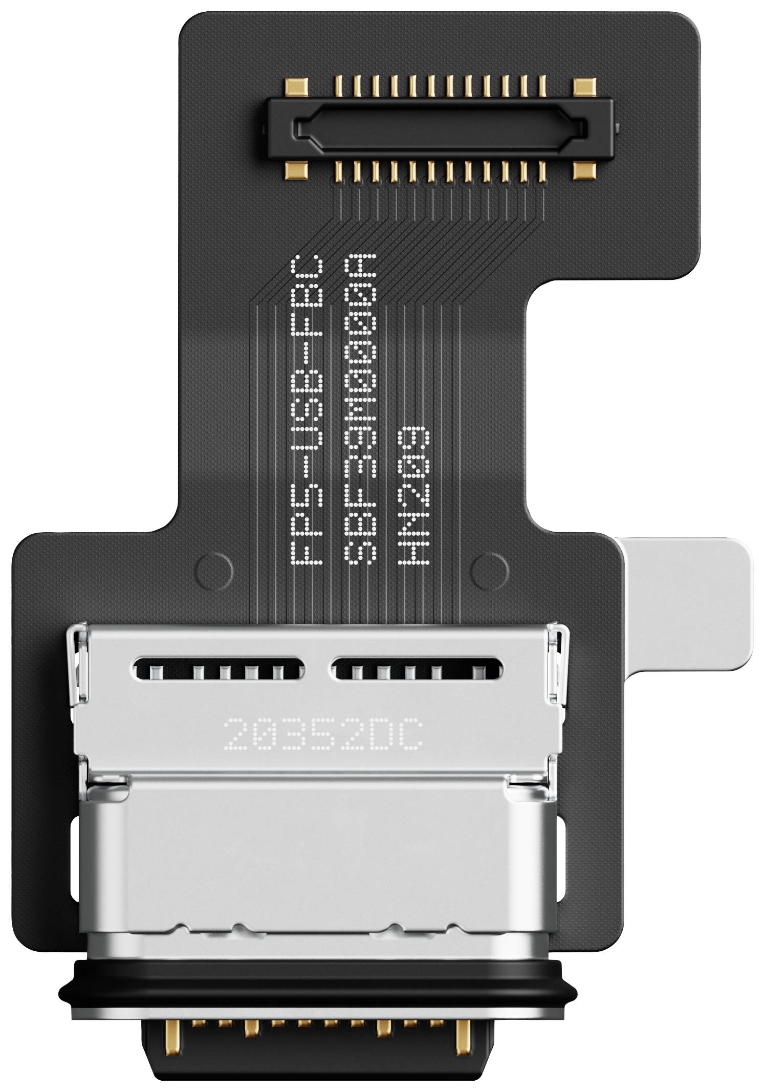 Obrázek USB-C konektoru na flexibilním obvodu se viditelnými kontakty a sériovým číslem.