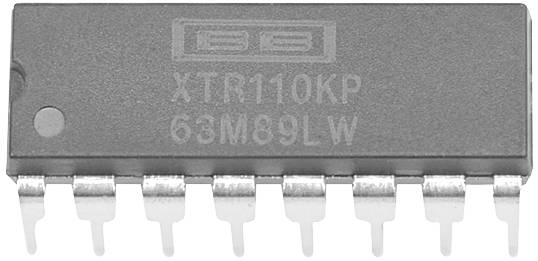 Integrovaný obvod (čip) s nápisem 'XTR110KP 63M89LW' a několika kontakty dole.