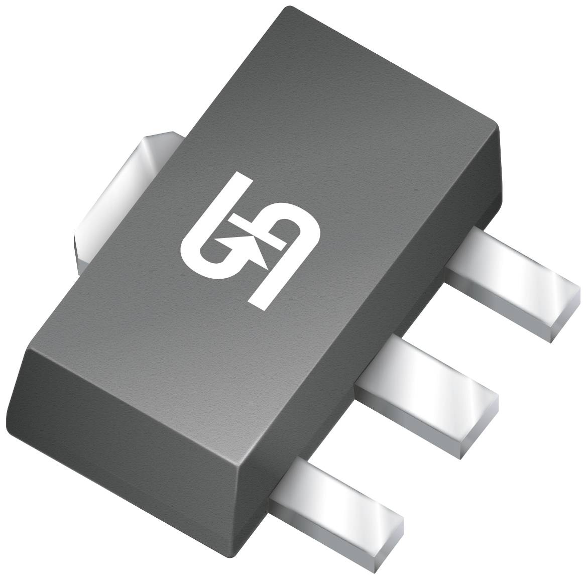 Černý mikrochip se třemi kovovými kontakty. Na povrchu je bílé logo s písmeny 'ba'.