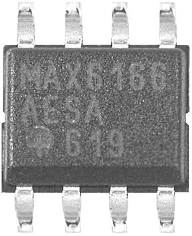 Černý integrovaný obvod označený štítkem 'MAX6166 AASA 619', zobrazený v detailním záběru s osmi vývody.