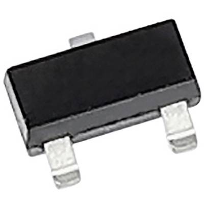 Malá černá elektronická součástka se třemi kovovými kontakty, pravděpodobně tranzistor nebo podobný polovodičový prvek.