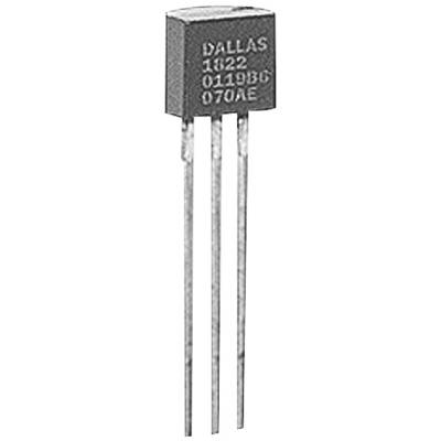 Teplotní senzor DS18B20 od Dallas Semiconductor se třemi kovovými připojovacími vodiči.