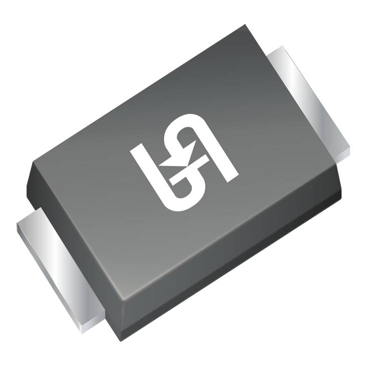 Obdélníková, tmavě šedá elektronická součástka se dvěma stříbrnými kontakty a bílým logem na horní straně.