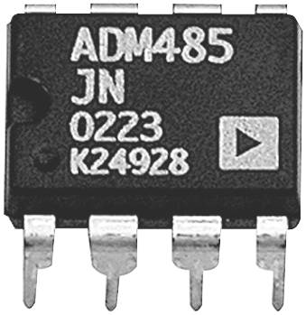 Integrovaný obvod označený štítkem 'ADM485 JN 0223 K24928', zobrazující elektronickou součástku s konektorovými piny dole.