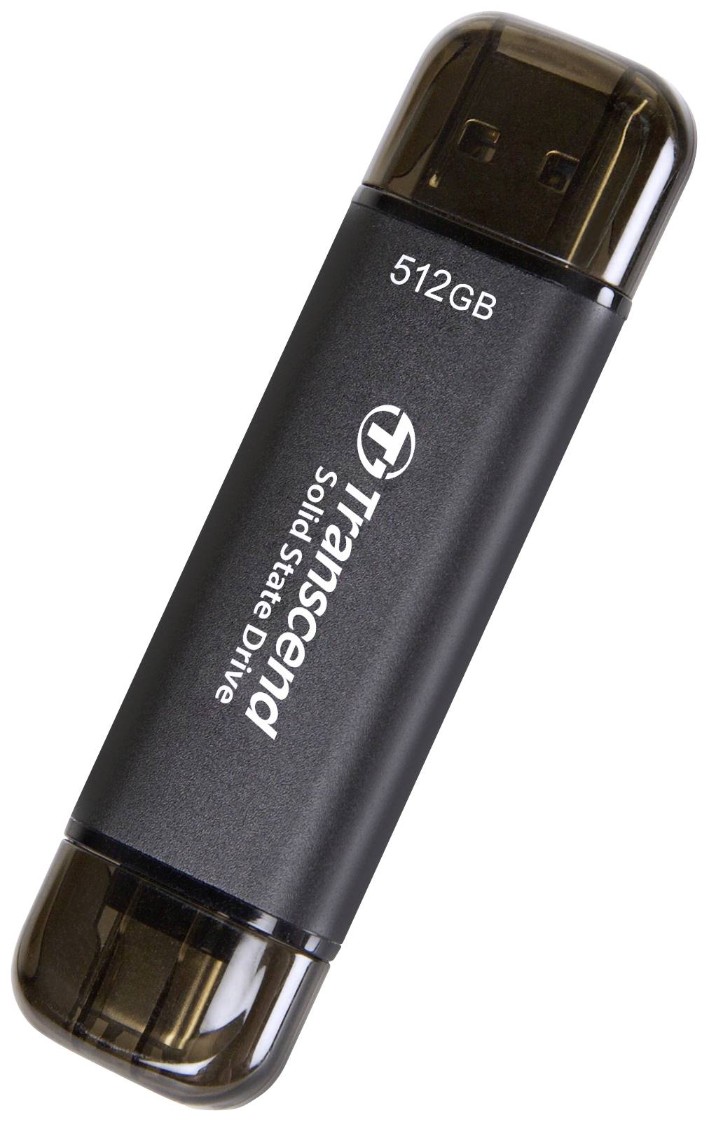 Černý USB flash disk od Transcendu s nápisem '512GB Solid State Drive', zaoblené průhledné konce.