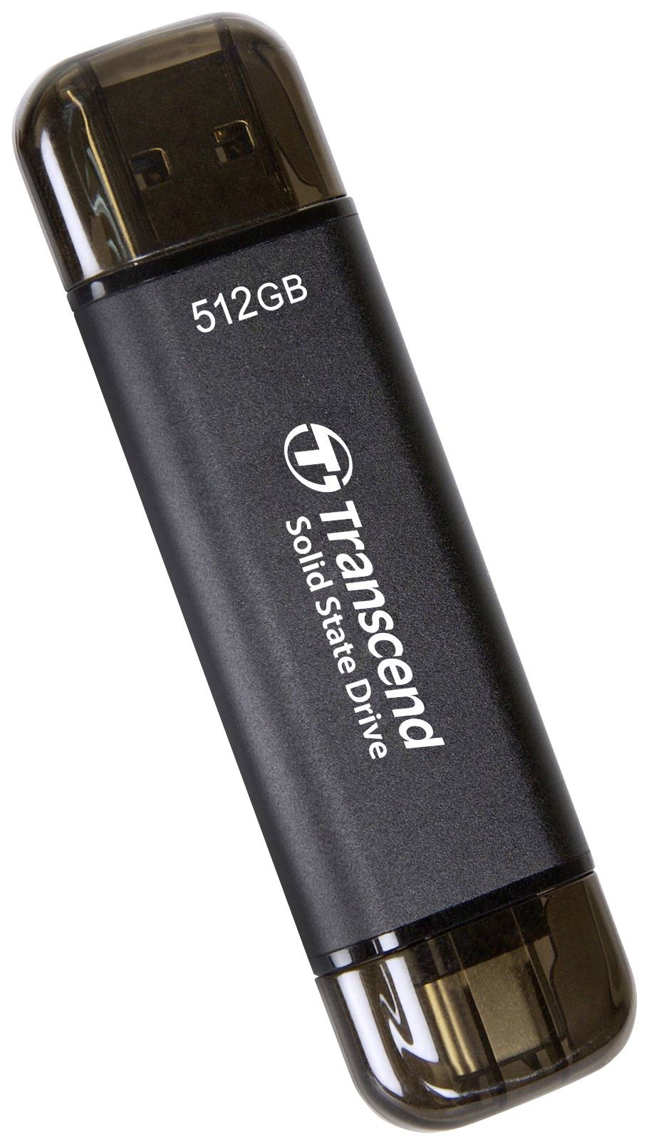 Černý USB flash disk s nápisem '512GB Transcend Solid State Drive'.