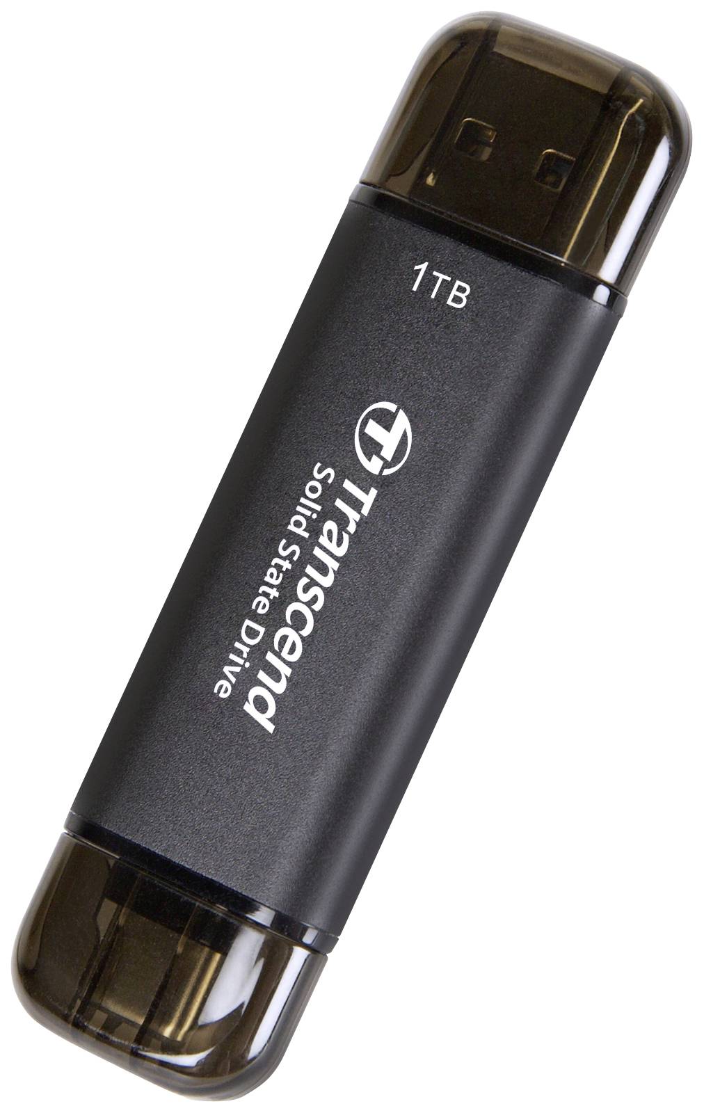 USB flash disk v černé barvě s nápisem 'Transcend Solid State Drive 1TB', vhodný pro ukládání a přenos dat.