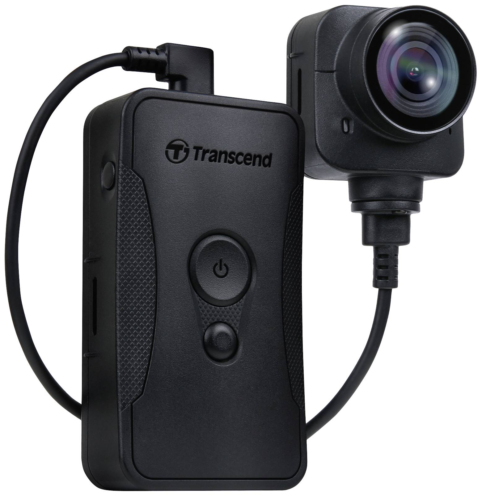 Černá palubní kamera značky Transcend s objektivem a vestavěným displejem, vhodná pro nahrávání videa v automobilu.