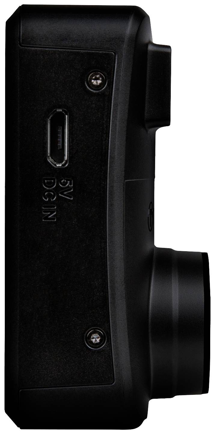 Boční pohled na černou kameru s USB portem a nápisem '5V DC IN'.