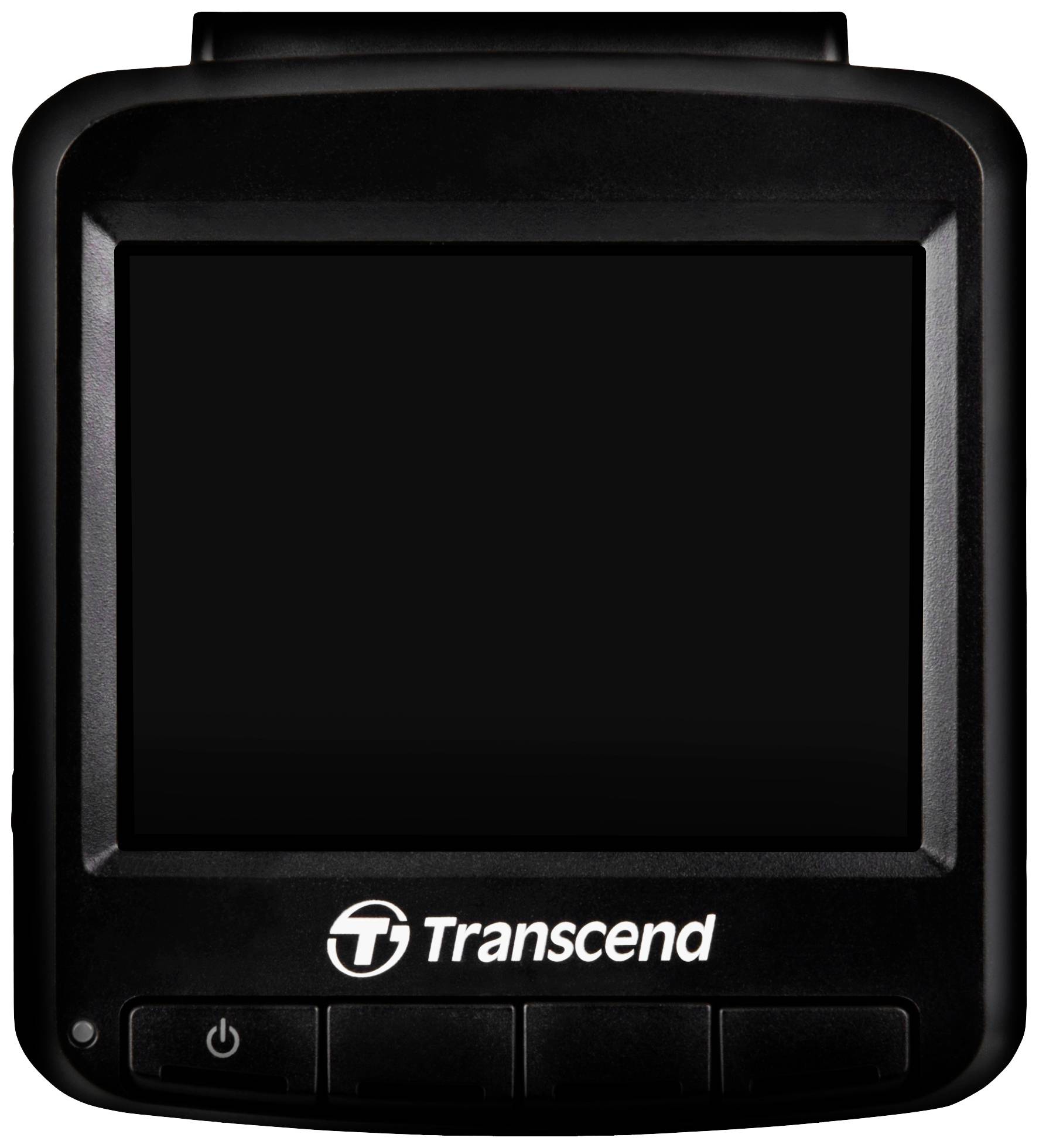Černá palubní kamera značky Transcend s velkým displejem a třemi tlačítky pod ním.