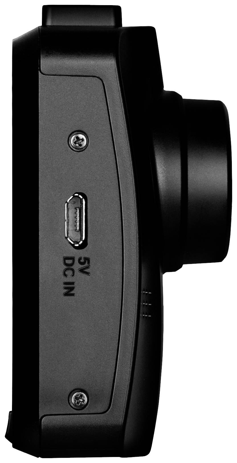 Pohled z boku na černou kameru s mini-USB portem a nápisem '5V DC IN' na straně.