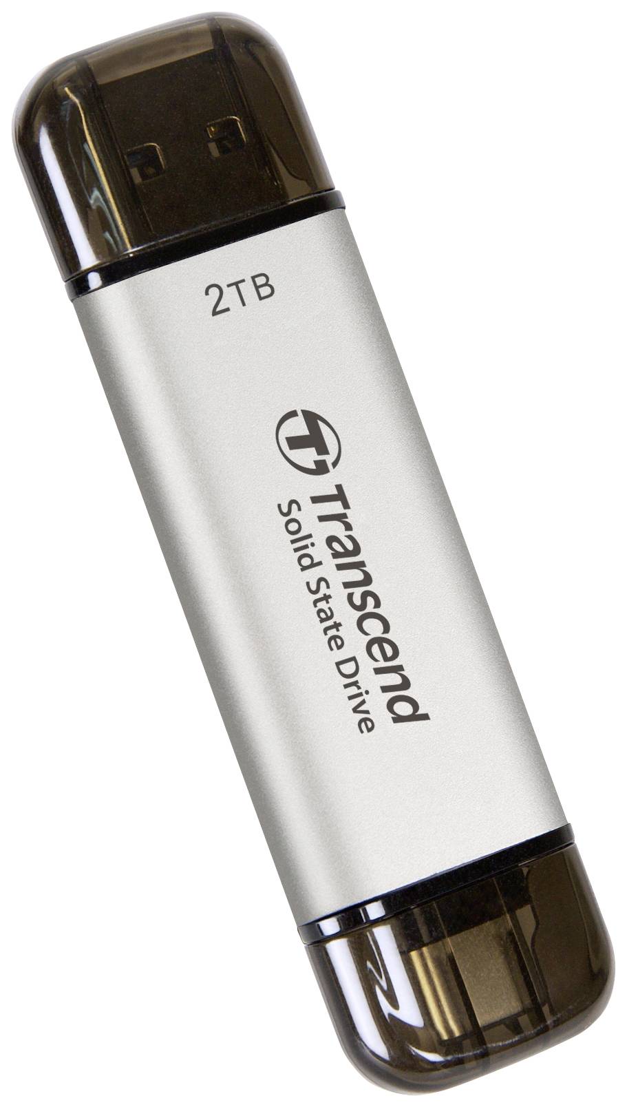 USB flash disk Transcend o kapacitě 2 TB. Je šedý s černými ochrannými krytkami na obou koncích, označený nápisem "Solid State Drive".