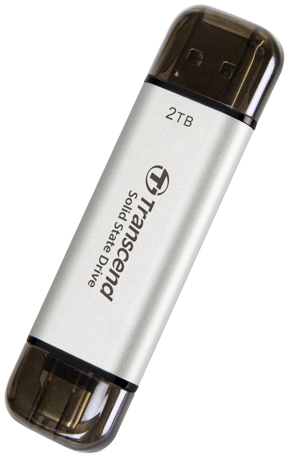 USB flash disk s 2 TB úložištěm, stříbrným pouzdrem, s názvem značky 'Transcend' a nápisem 'Solid State Drive' viditelným na povrchu.