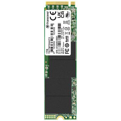 'Transcend 1TB NVMe SSD karta, model TS1TMTE652T2, s produktovými a certifikačními štítky. Elektronická paměťová komponenta.'