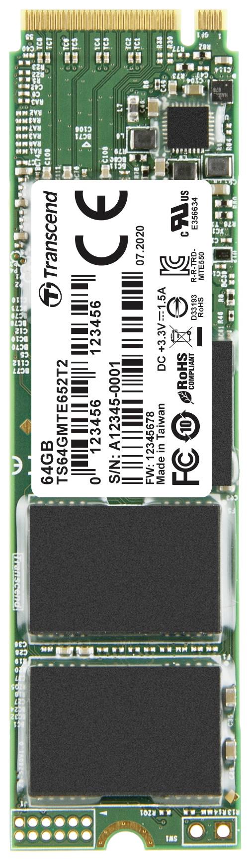 M.2 solid-state disk (SSD) s kapacitou 64 GB od společnosti Transcend. Na horní straně desky plošných spojů je vidět několik čipů.