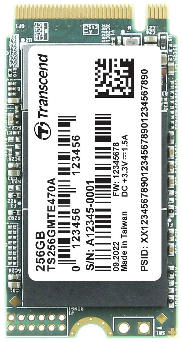 SSD disk od společnosti Transcend o kapacitě 256 GB, modelové číslo TS256GMTE470A. Obsahuje sériové číslo a místo výroby Tchaj-wan.