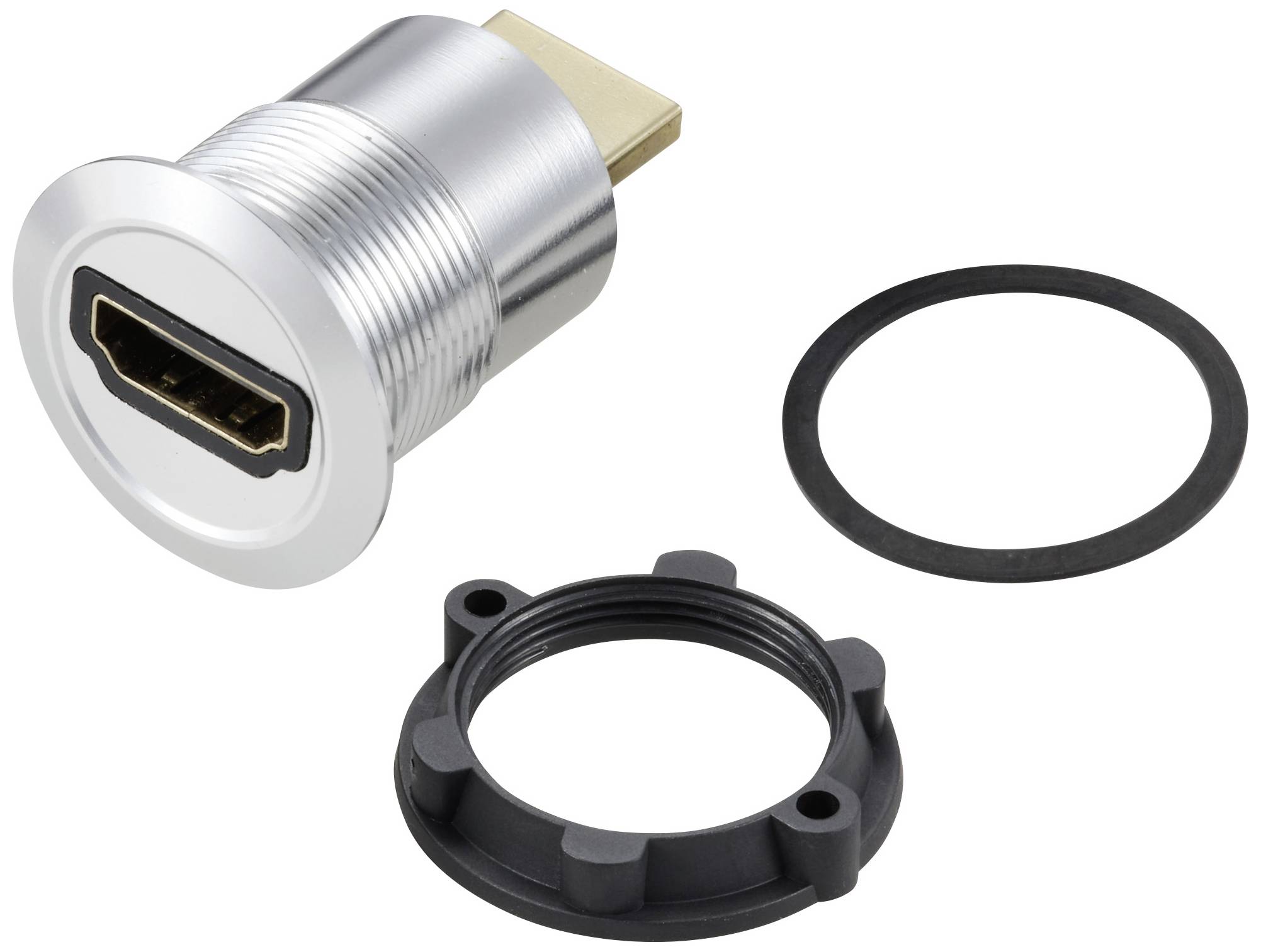Stříbrná zásuvka HDMI, kulatého tvaru, s černým těsnicím kroužkem a upevňovacím kroužkem.