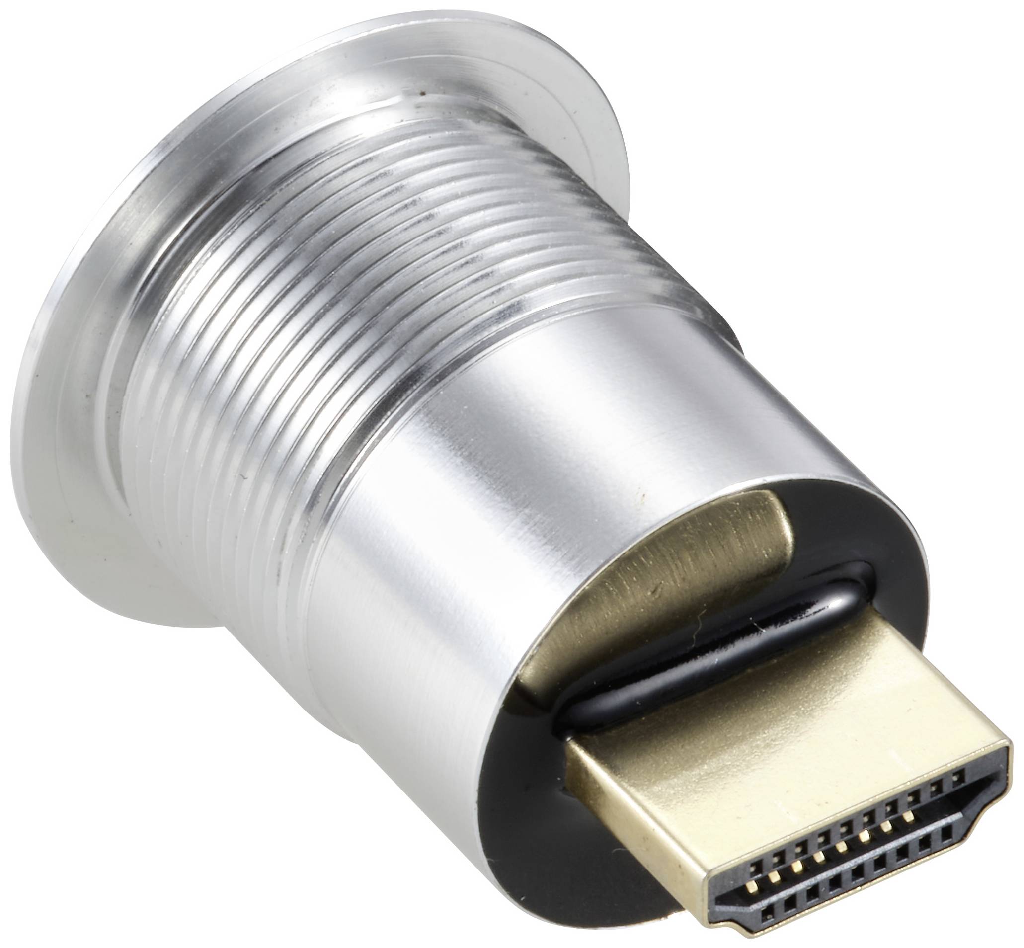 Lesklý HDMI konektor s kovovými drážkami, který se používá pro připojení digitálních video a audio signálů.