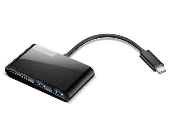 Černý USB-C hub s několika porty, vhodný pro rozšíření USB funkcí na počítači nebo notebooku.