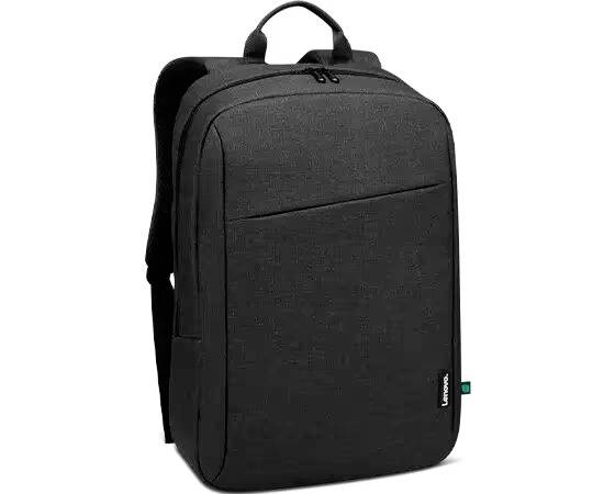 Černý batoh s minimalistickým designem, dvěma zipy a malou zelenou etiketou na boku.