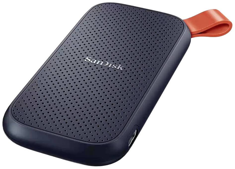 Externí černý pevný disk se strukturovaným povrchem a oranžovou přenosovou smyčkou, značky 'SanDisk', určený pro mobilní ukládání dat.