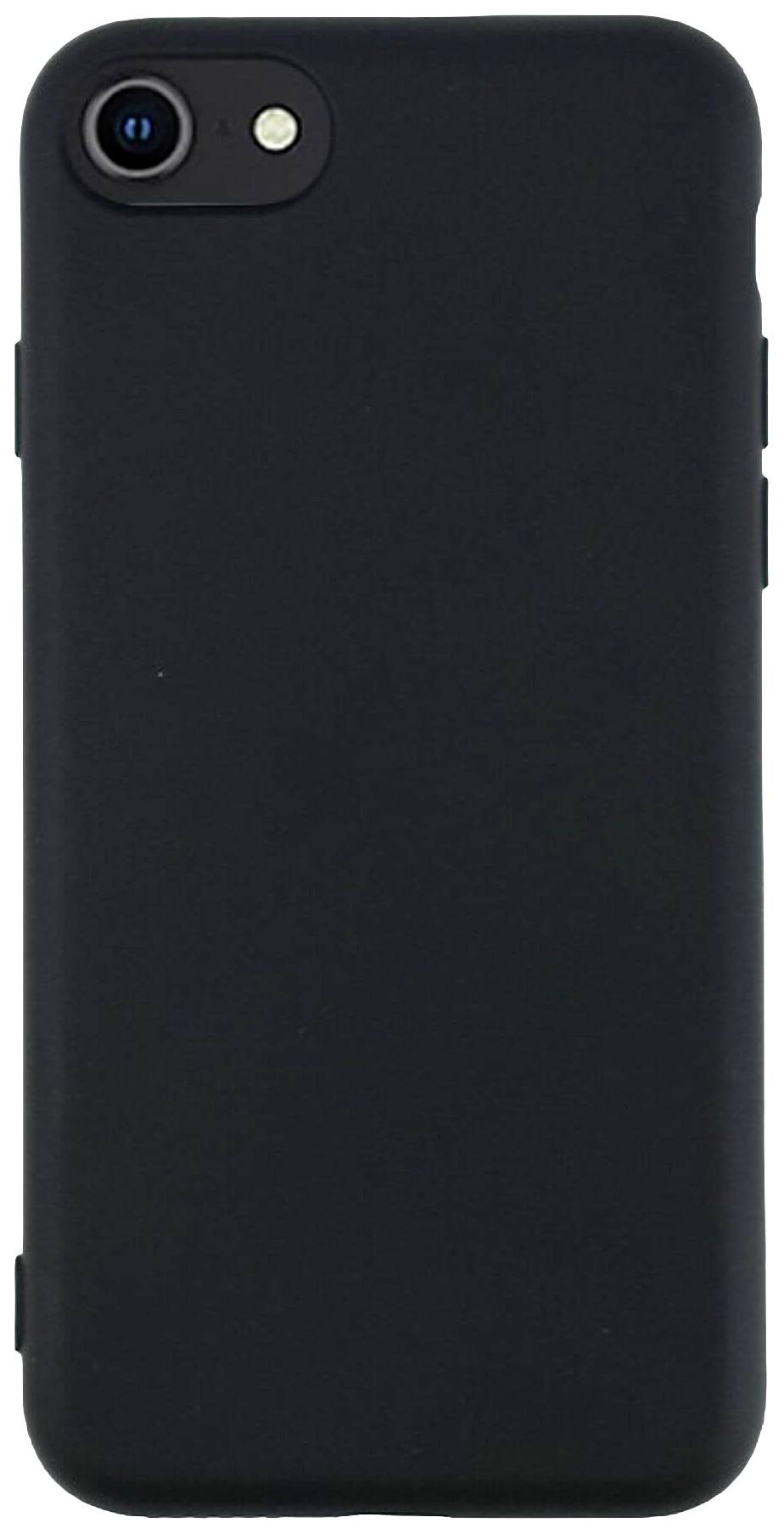 Černý kryt na smartphone s výřezem pro kameru a blesk, pohled zezadu, jednoduché a elegantní provedení.