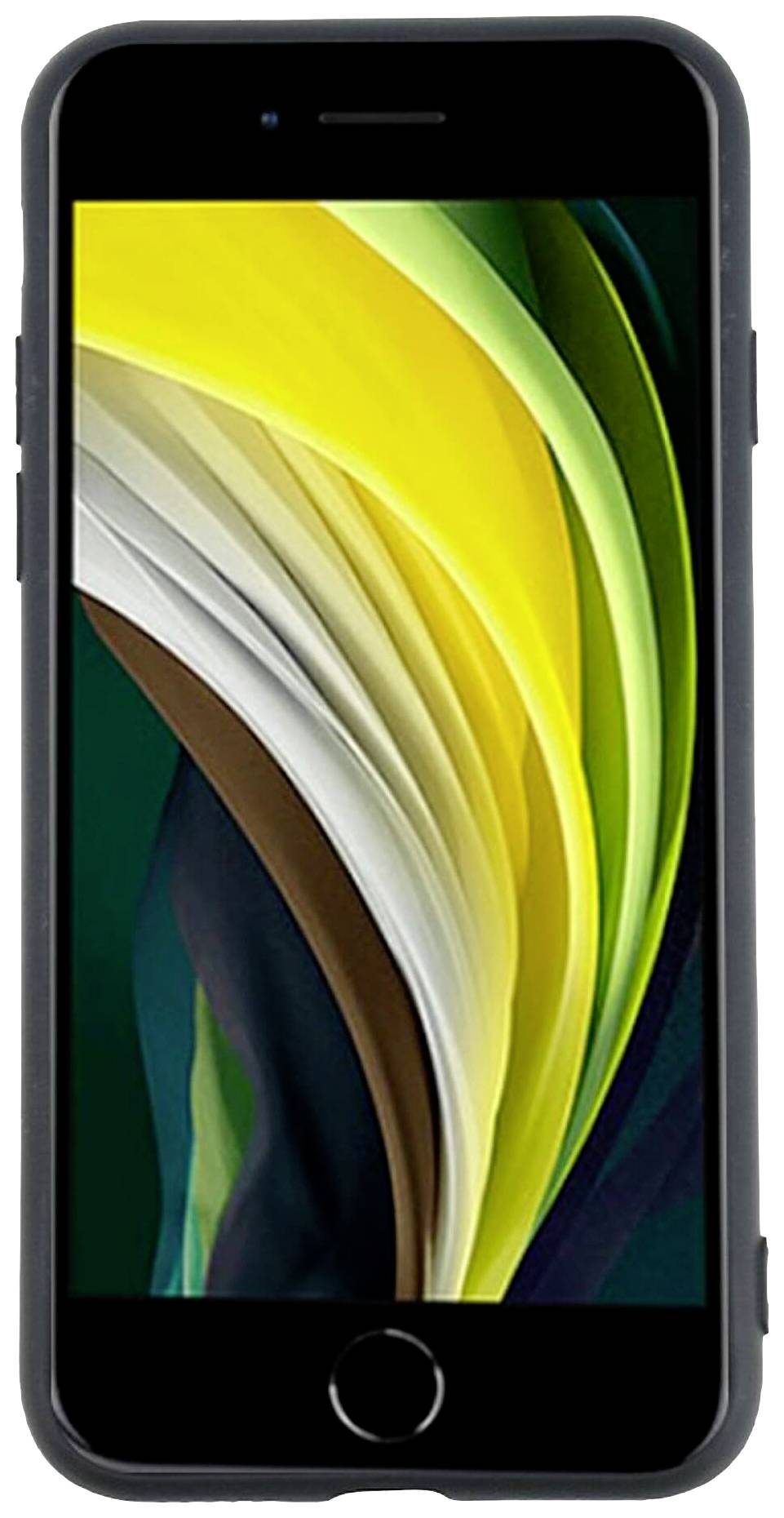 Smartphone s osvětleným abstraktním pozadím v odstínech žluté, zelené a hnědé na obrazovce.