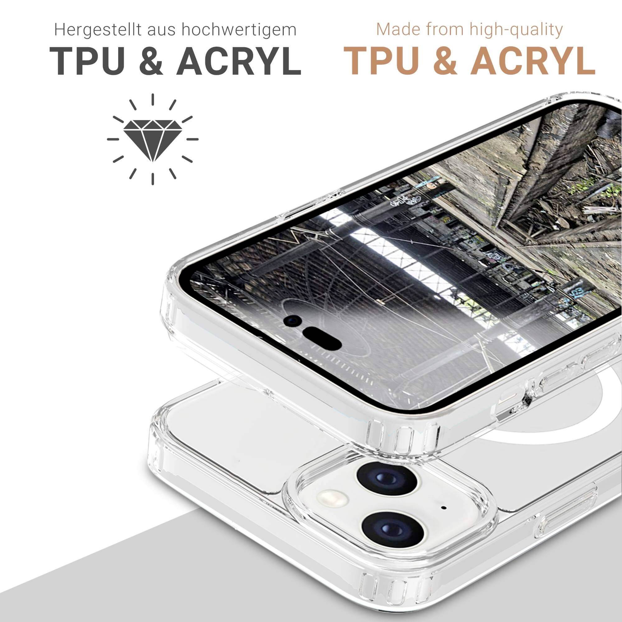 Průhledný mobilní kryt z TPU a akrylu ukazuje robustní design. Chrání smartphone štíhlým, odolným materiálem.