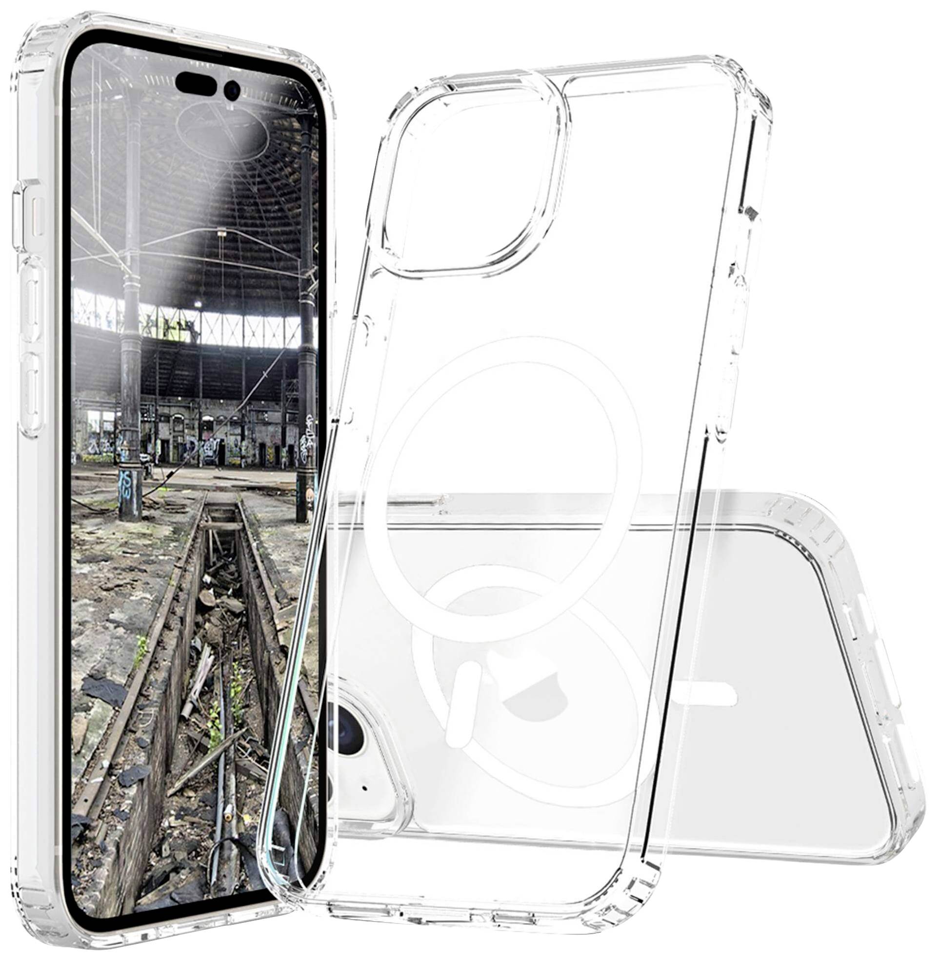 Průhledný zadní kryt smartphonu. Displej zobrazuje opuštěnou skladovou halu s kolejemi. Důraz na ochranu a design.