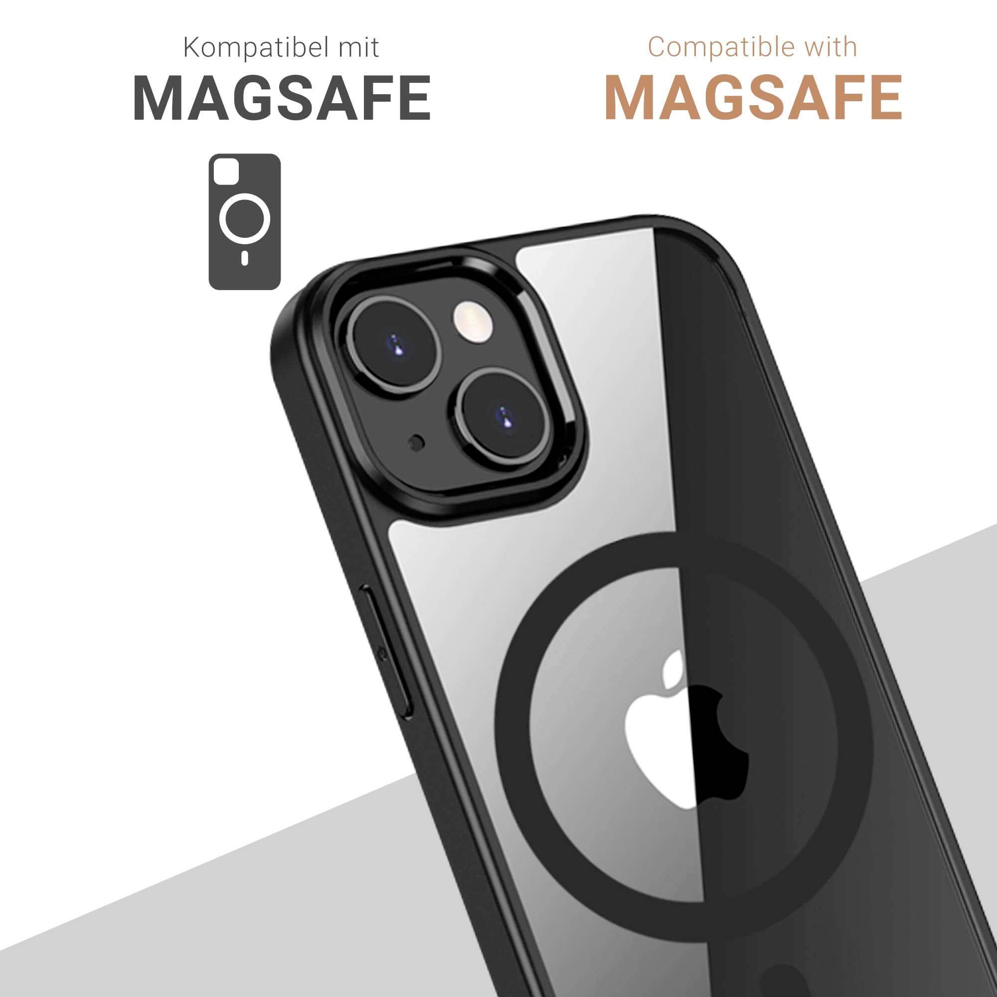 Černý kryt na mobilní telefon kompatibilní s MagSafe ukazuje kruhový magnetický vzor. V pozadí je stylizovaná ikona mobilního telefonu.