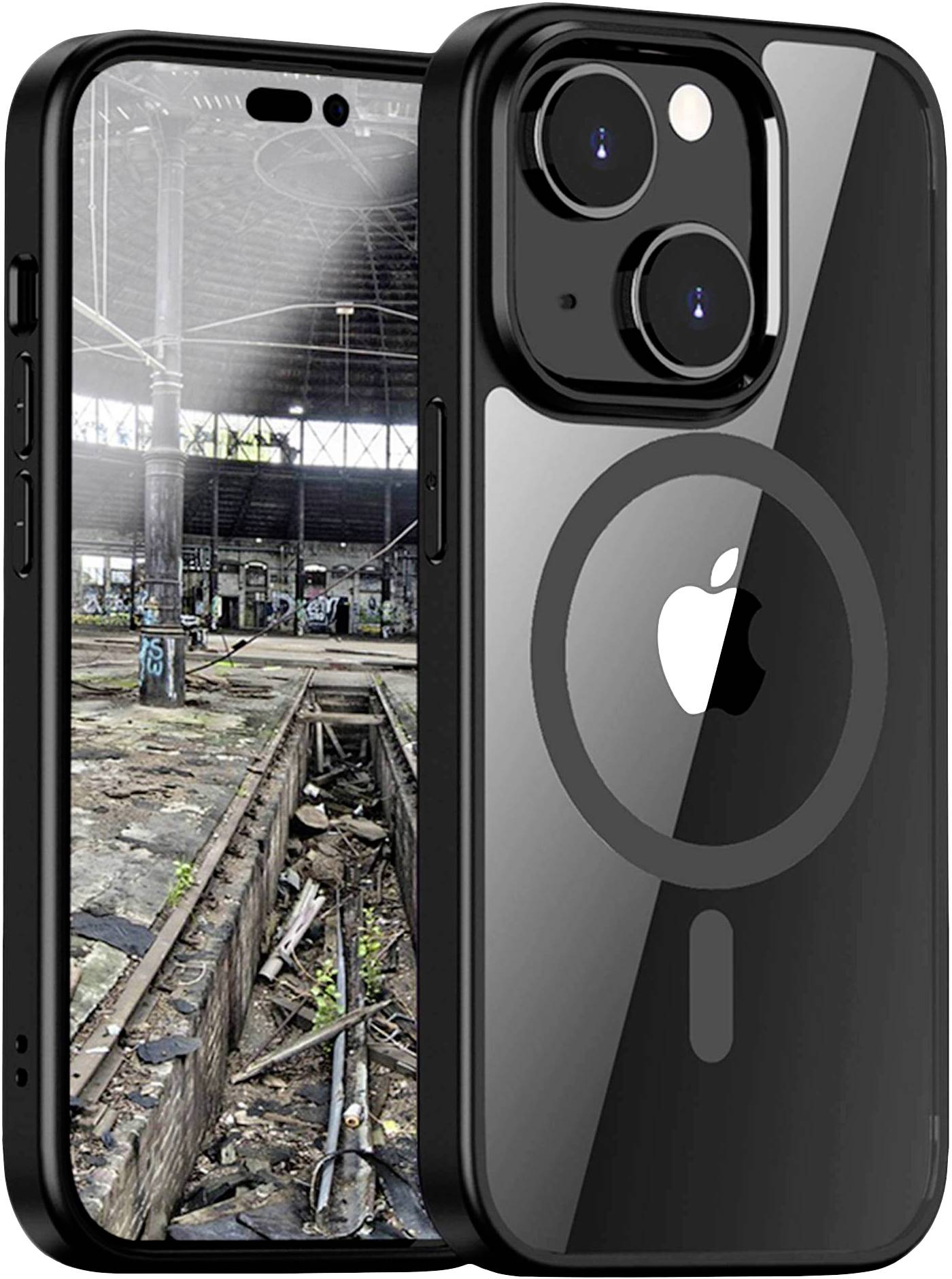 Smartphone s průhledným pouzdrem zobrazuje na displeji obraz opuštěné, zchátralé tovární haly.